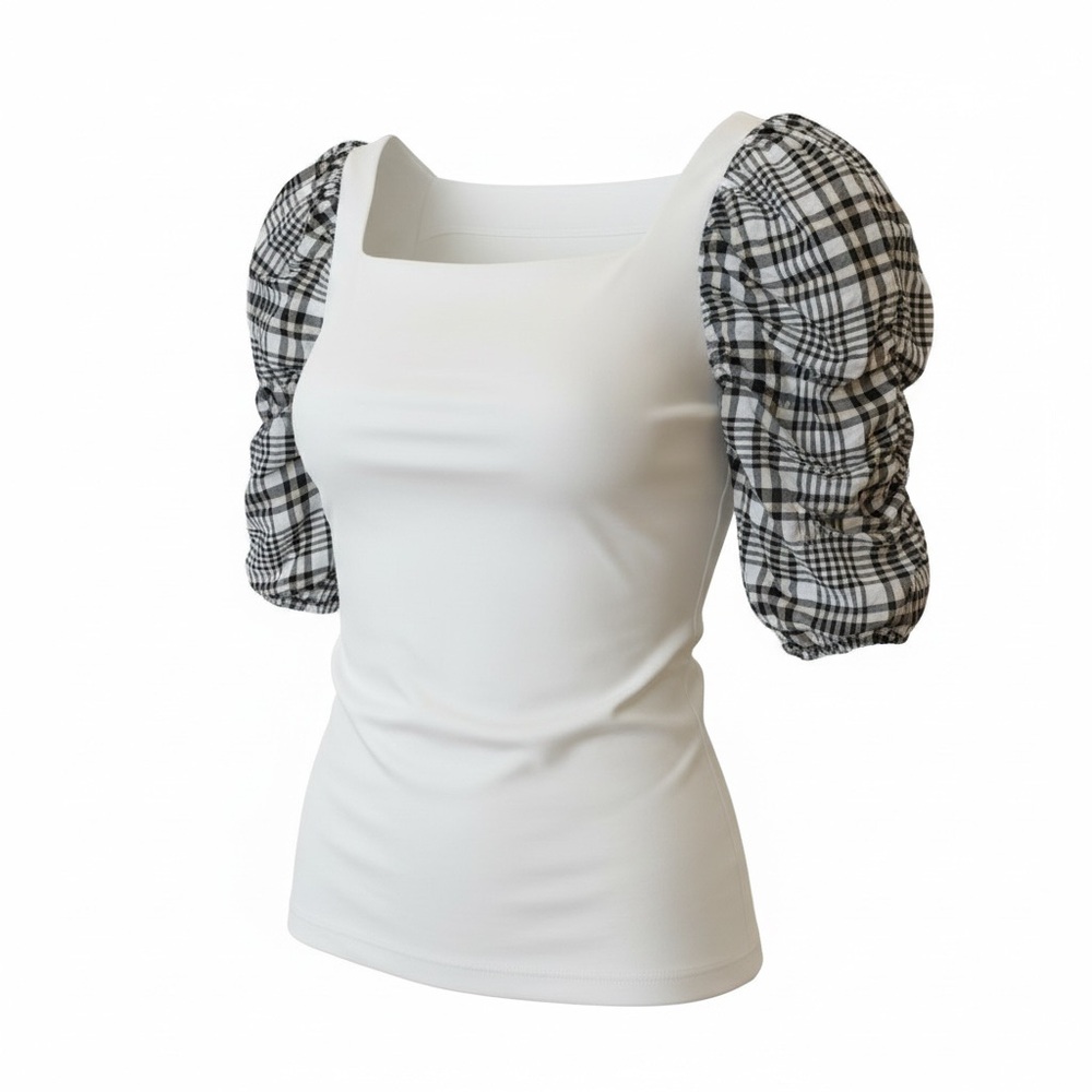 Ann Taylor White Top with Plaid Sleeves